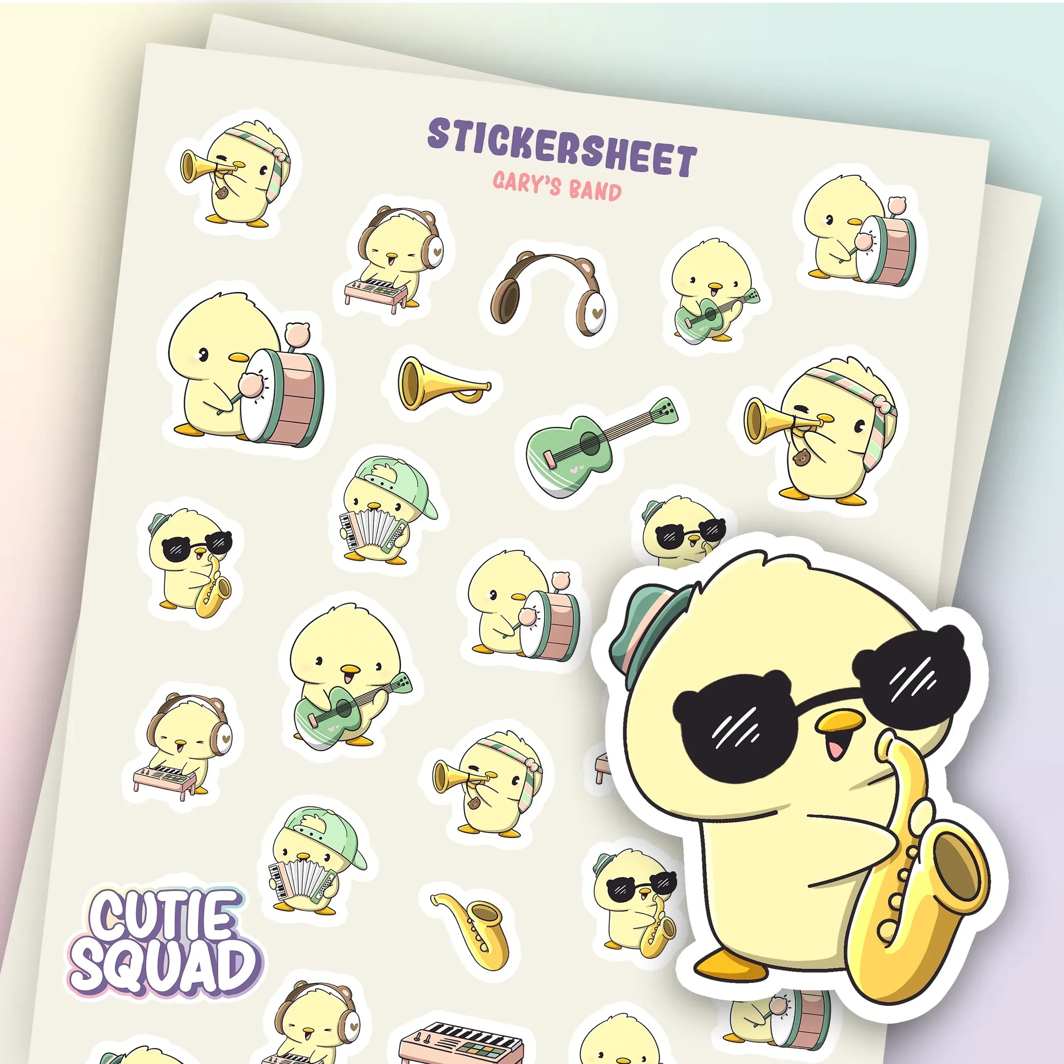 CutieSquad Garys Band matte vinyl sticker sheet featuring snail characters playing musical instruments