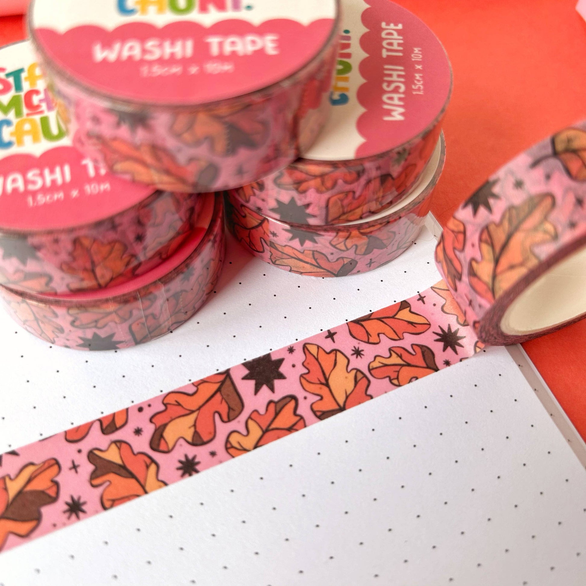 Autumn Leaves washi tape by Stacey McEvoy Caunt | orange oak leaves on pink | Papertail Fox