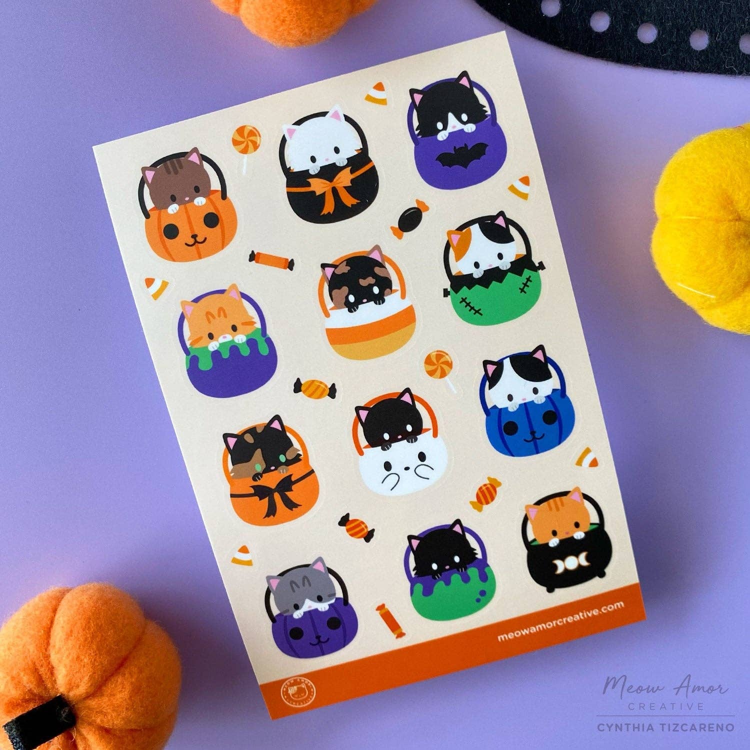 Trick or Treat Cats Vinyl Sticker Sheet | Meow Amor Creative