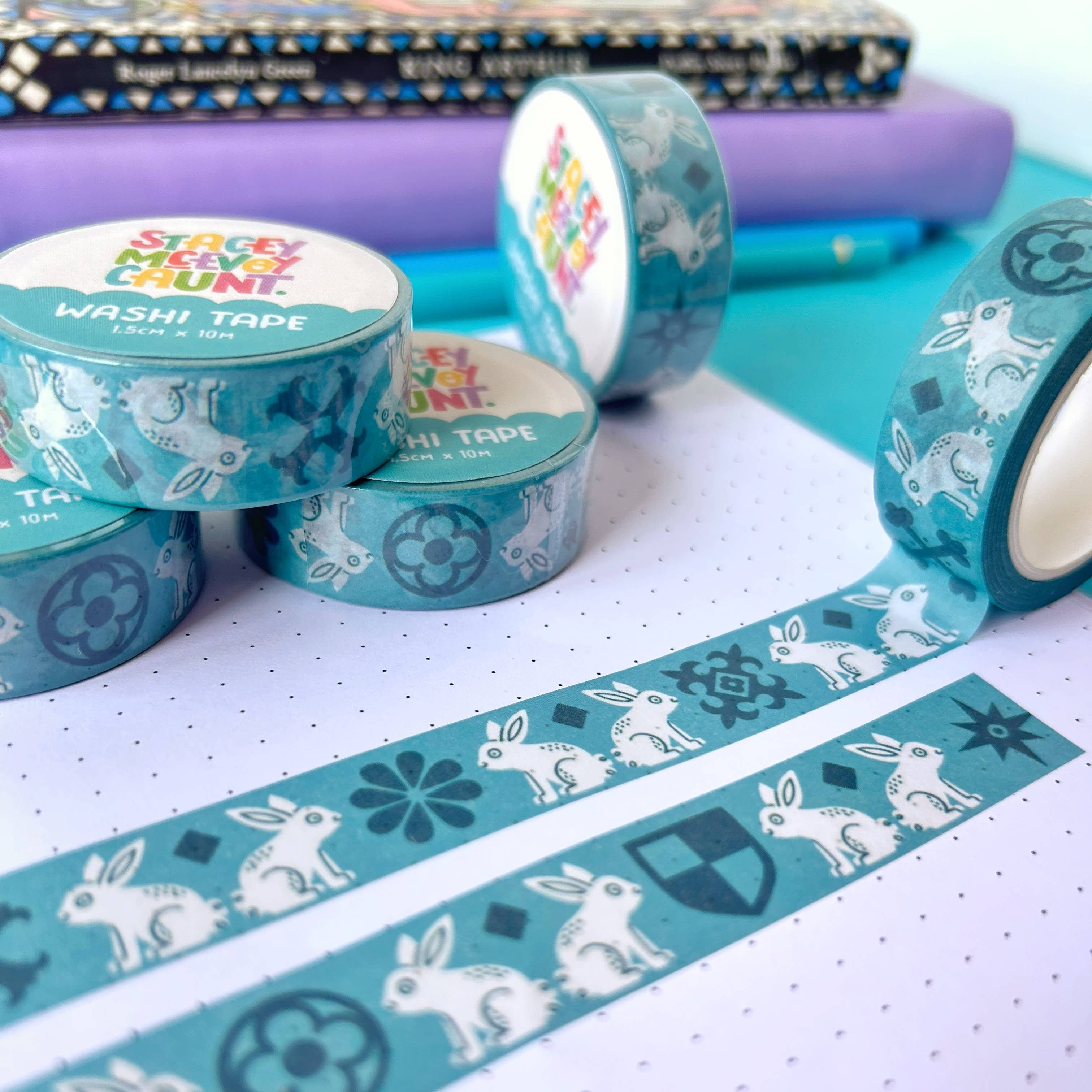 Blue Medieval Bunny washi tape by Stacey McEvoy Caunt | blue medieval bunny pattern | Papertail Fox