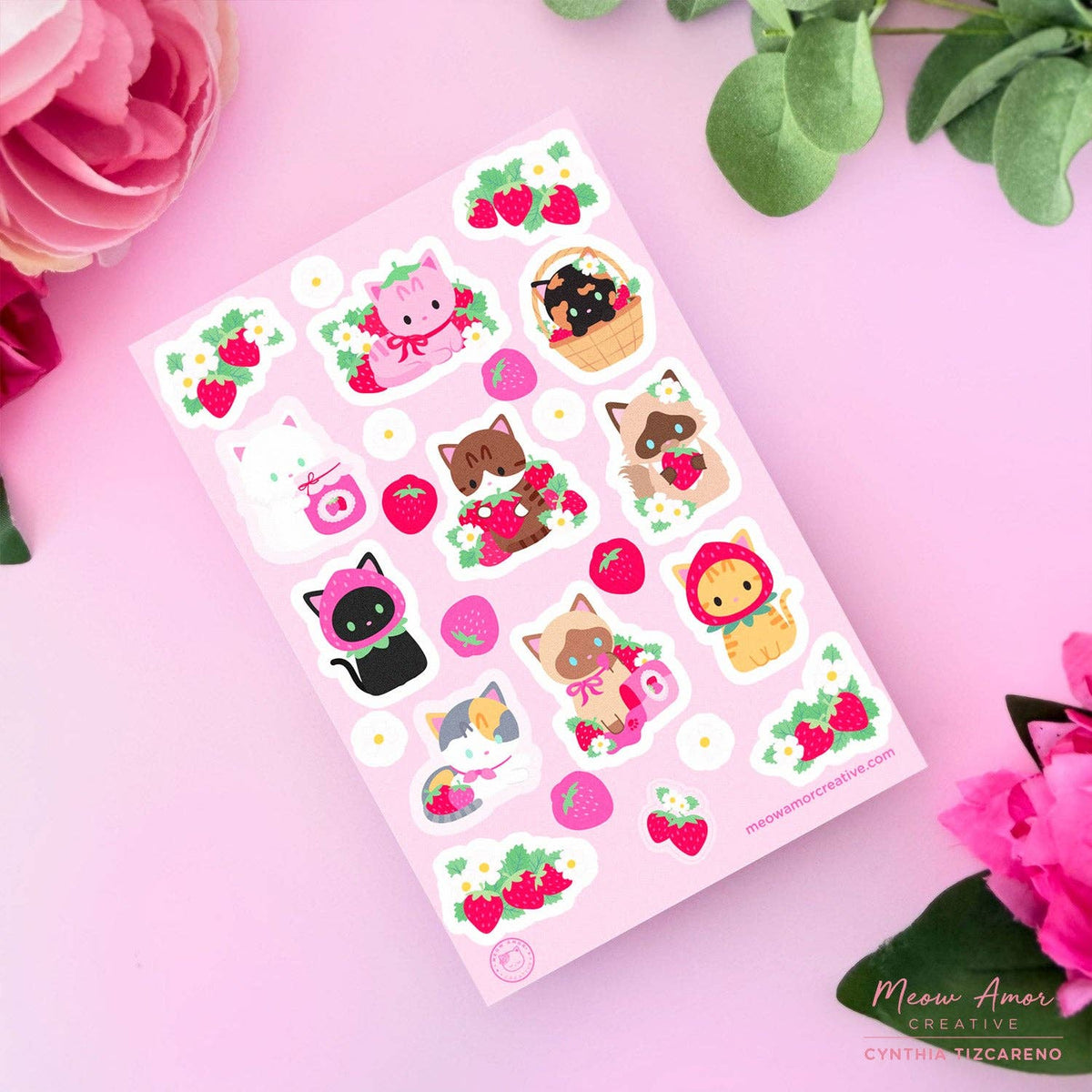 Strawberry Cats Vinyl Sticker Sheet by Meow Amor Creative | Papertail Fox