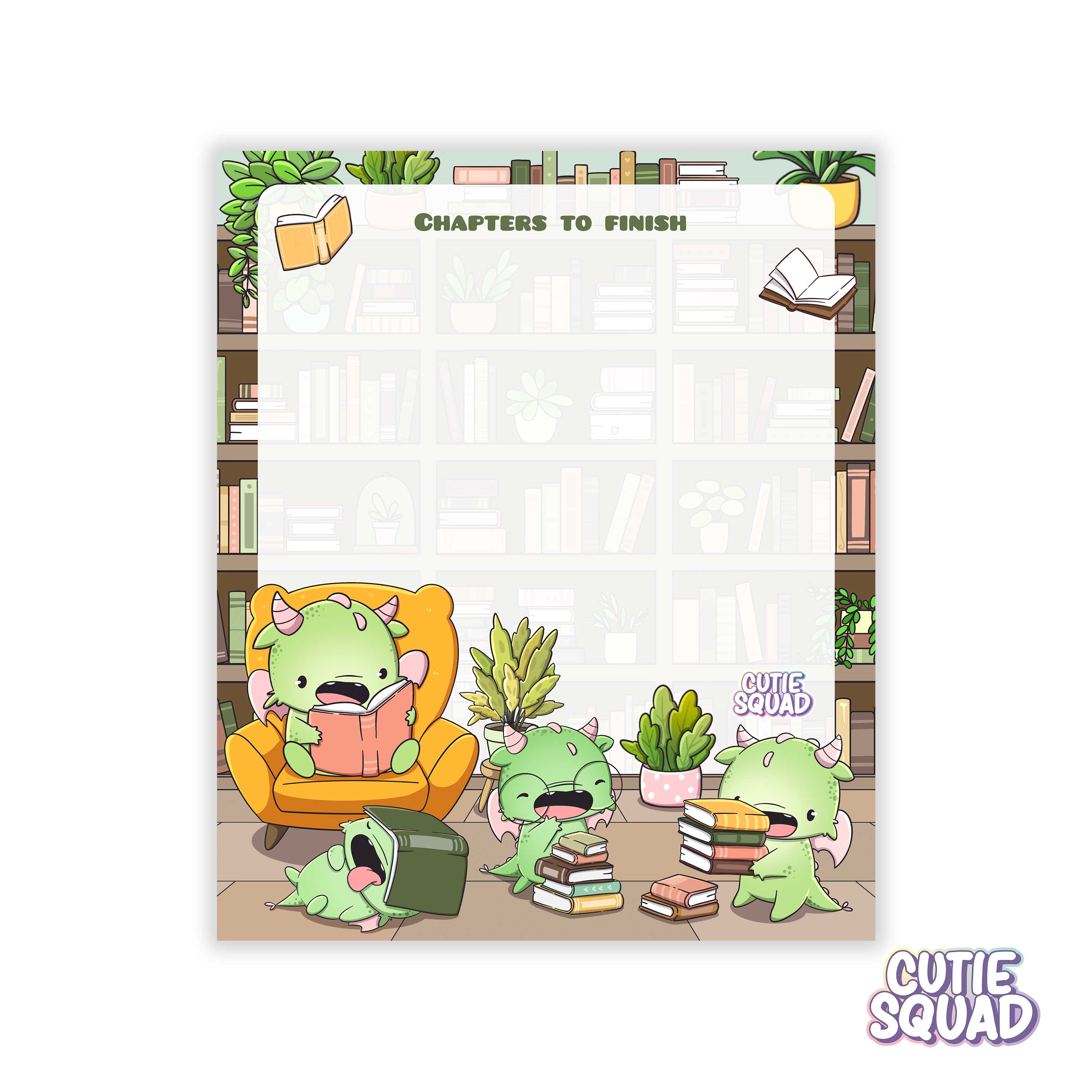 CutieSquad Bookdragons die-cut sticky note pad featuring a reading dragon illustration