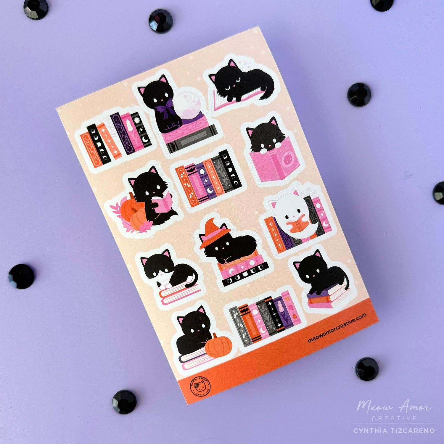 Witchy Book Cats - Orange Vinyl Sticker Sheet by Meow Amor Creative | Papertail Fox
