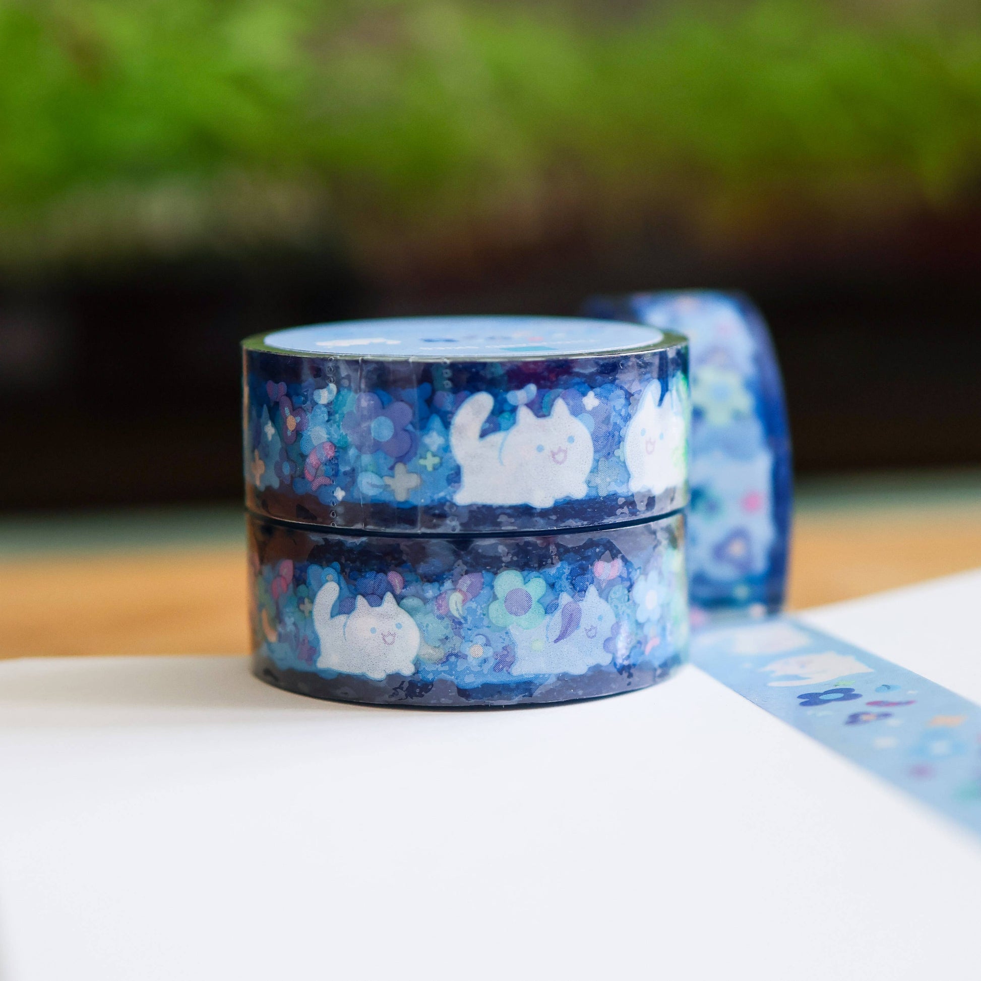 Floral White Cat Clear PET Tape by Thousand Skies | Papertail Fox