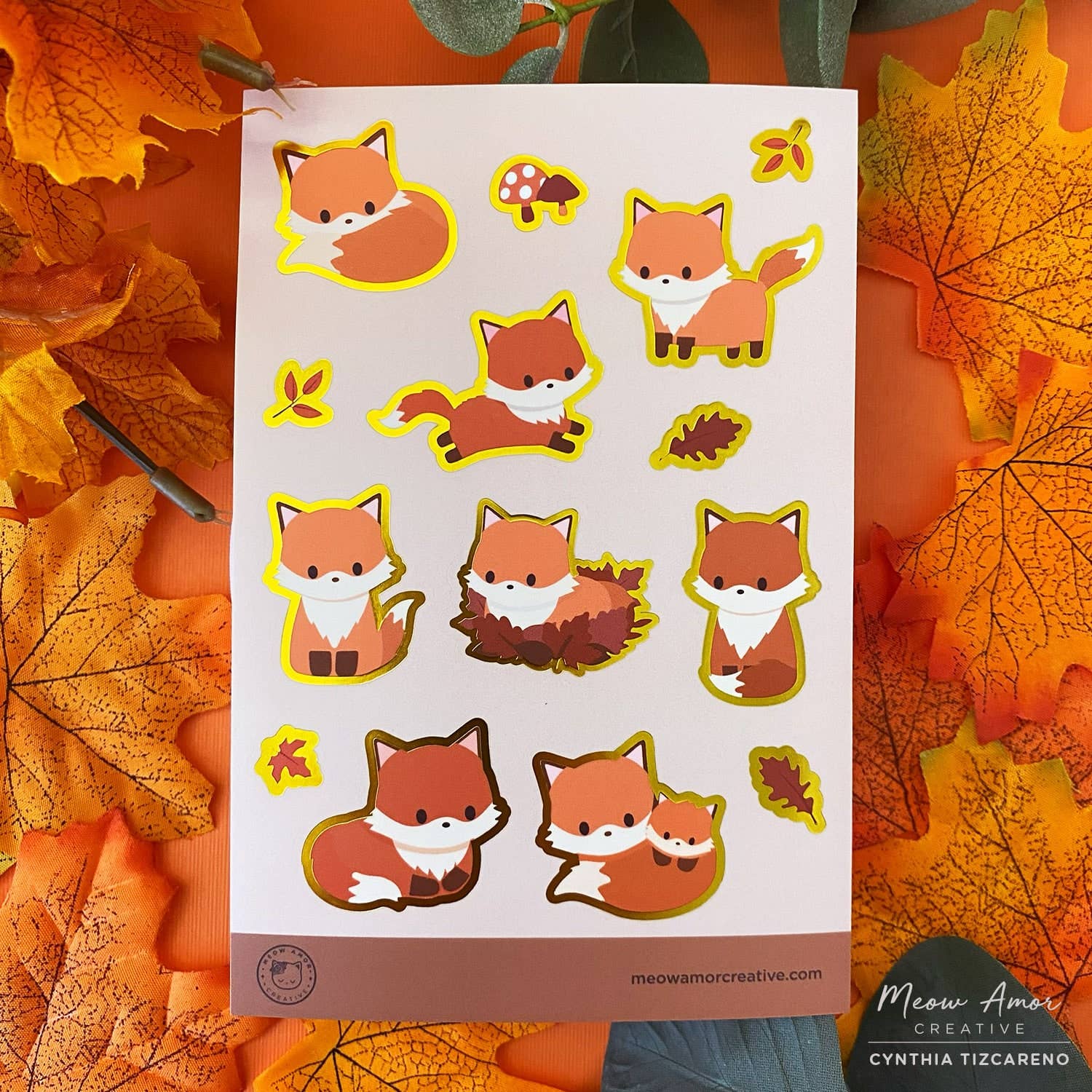 Autumn Fox Gold Foil Vinyl Sticker Sheet | Meow Amor Creative