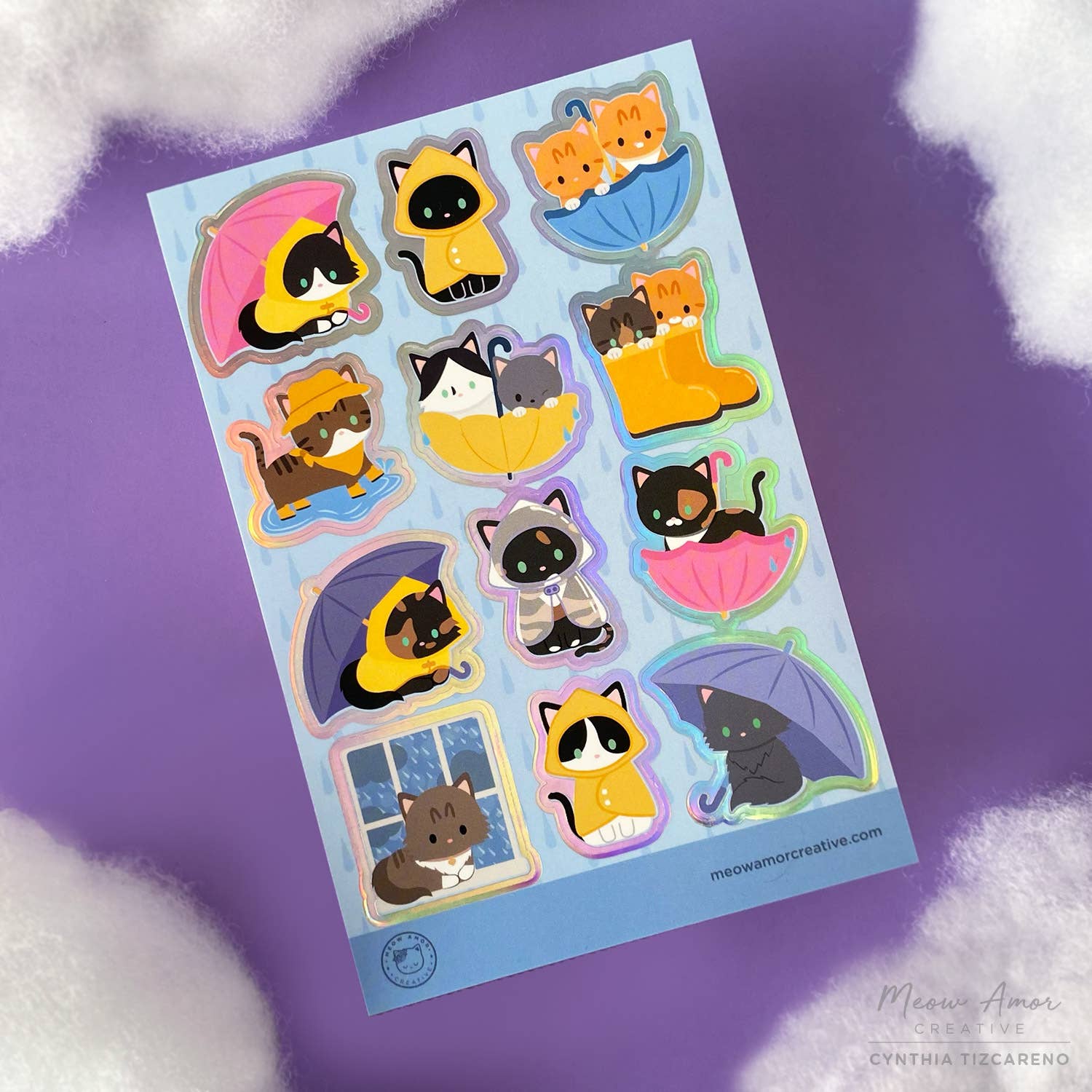 Rainy Day Cats Holo Foil Vinyl Sticker Sheet by Meow Amor Creative | Papertail Fox