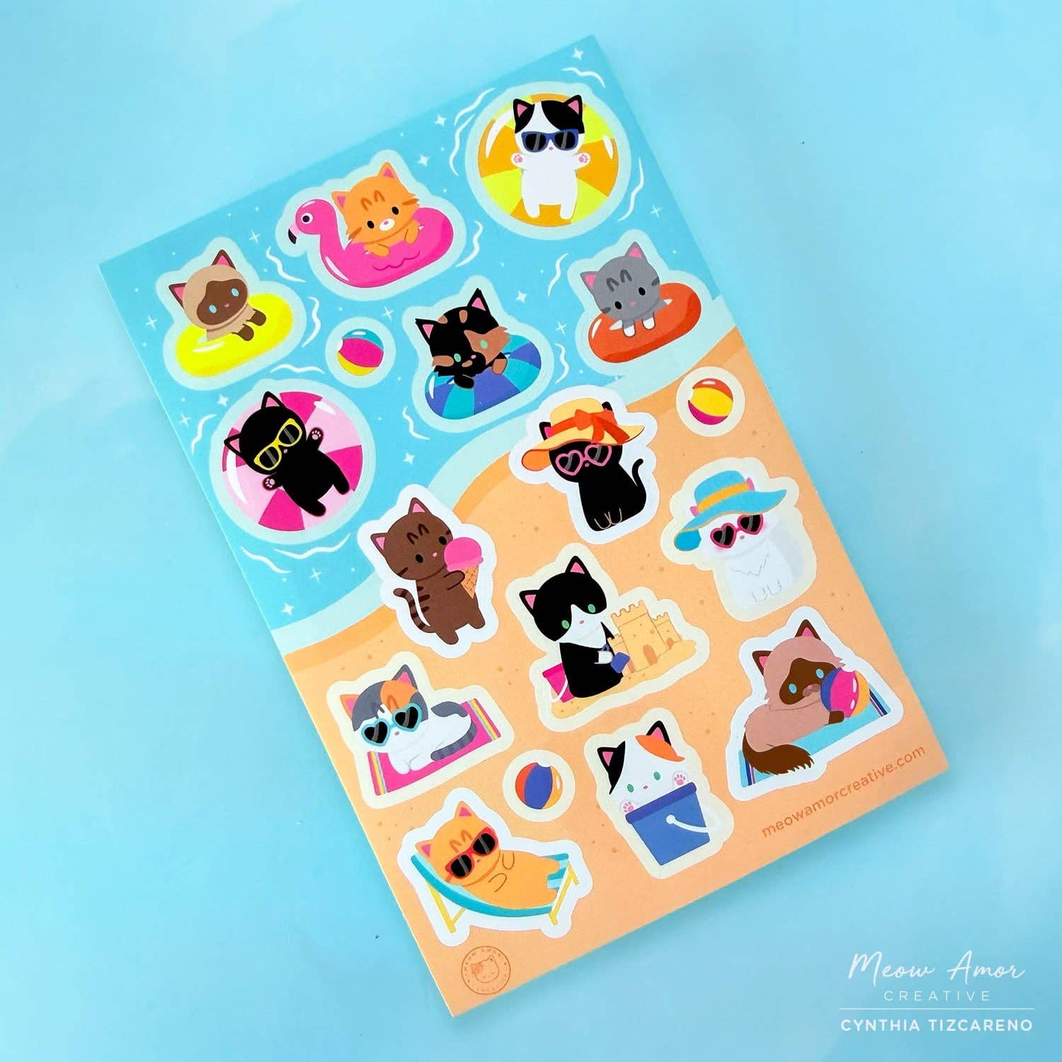 Summer Cats Vinyl Sticker Sheet by Meow Amor Creative | Papertail Fox