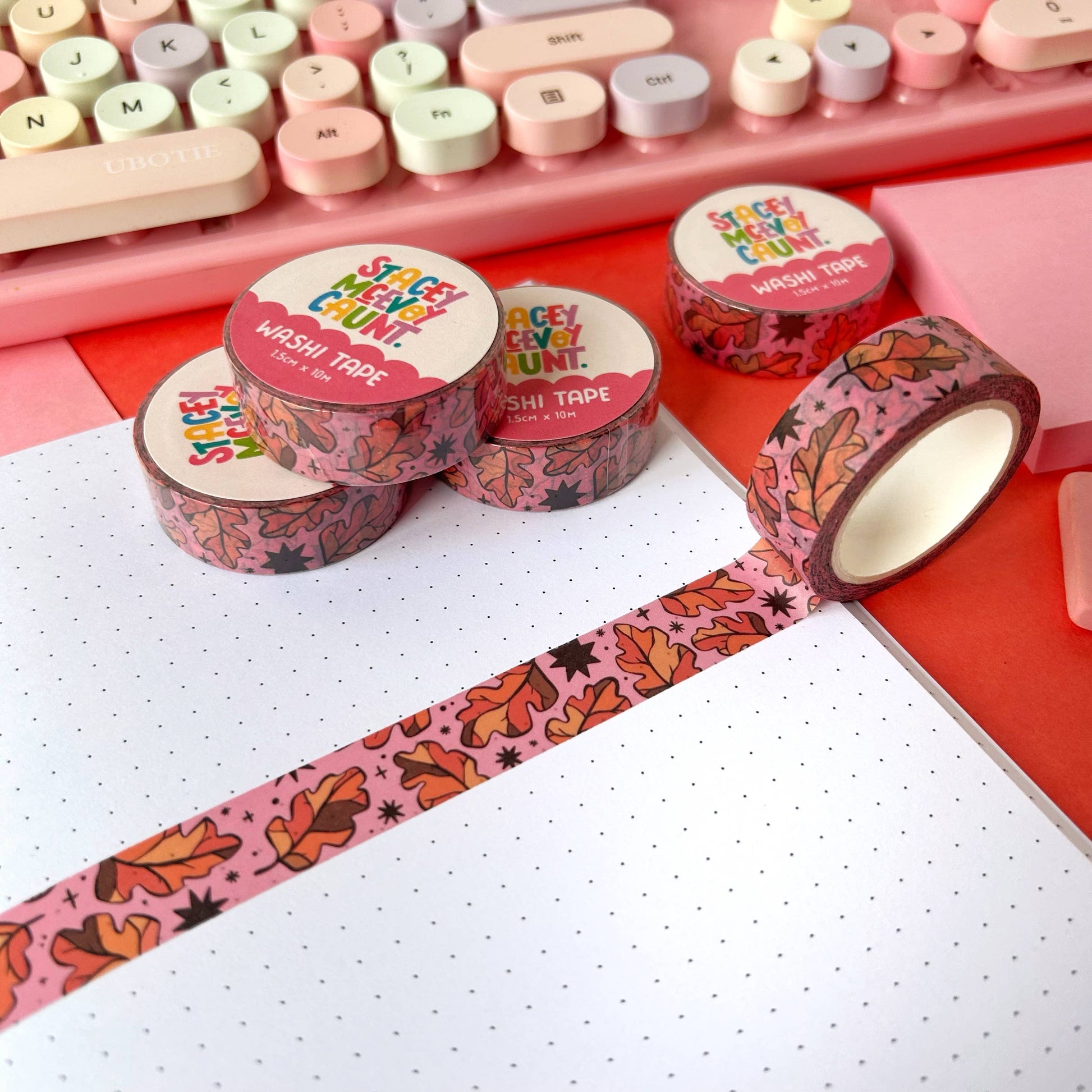 Autumn Leaves washi tape by Stacey McEvoy Caunt | orange oak leaves on pink | Papertail Fox