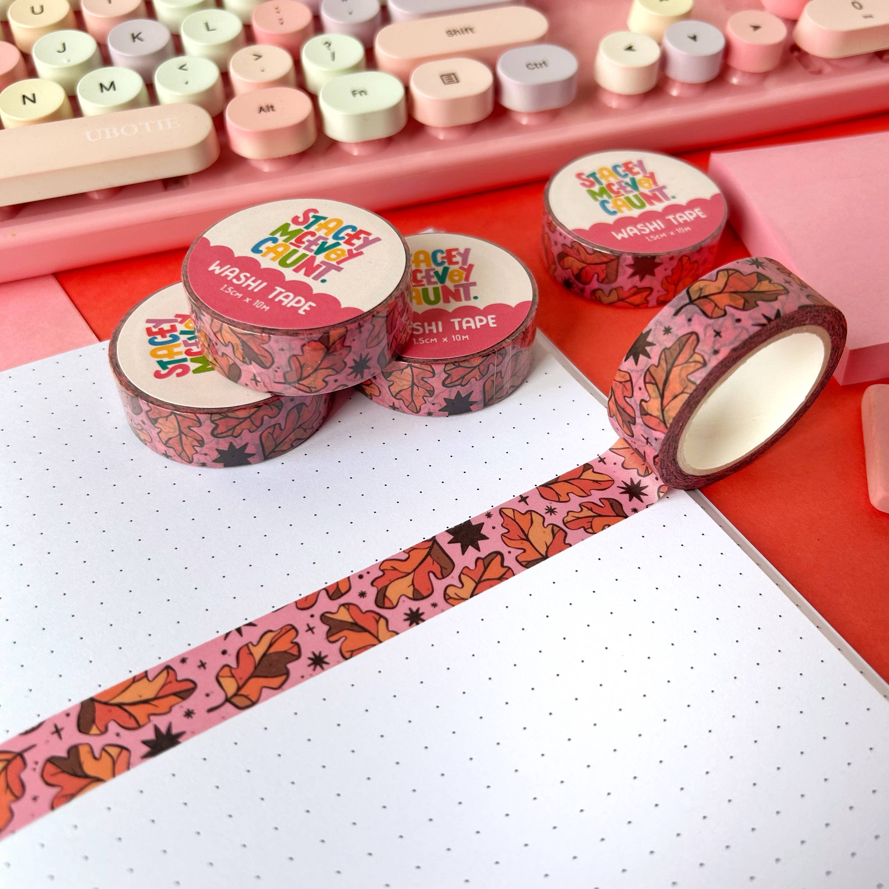 Autumn Leaves washi tape by Stacey McEvoy Caunt | orange oak leaves on pink | Papertail Fox