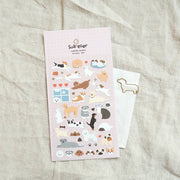 Suatelier Arrr dog breed sticker sheet with illustrated corgi, poodle, dachshund, beagle, pomeranian, pug, and more on pink grid background, made in South Korea