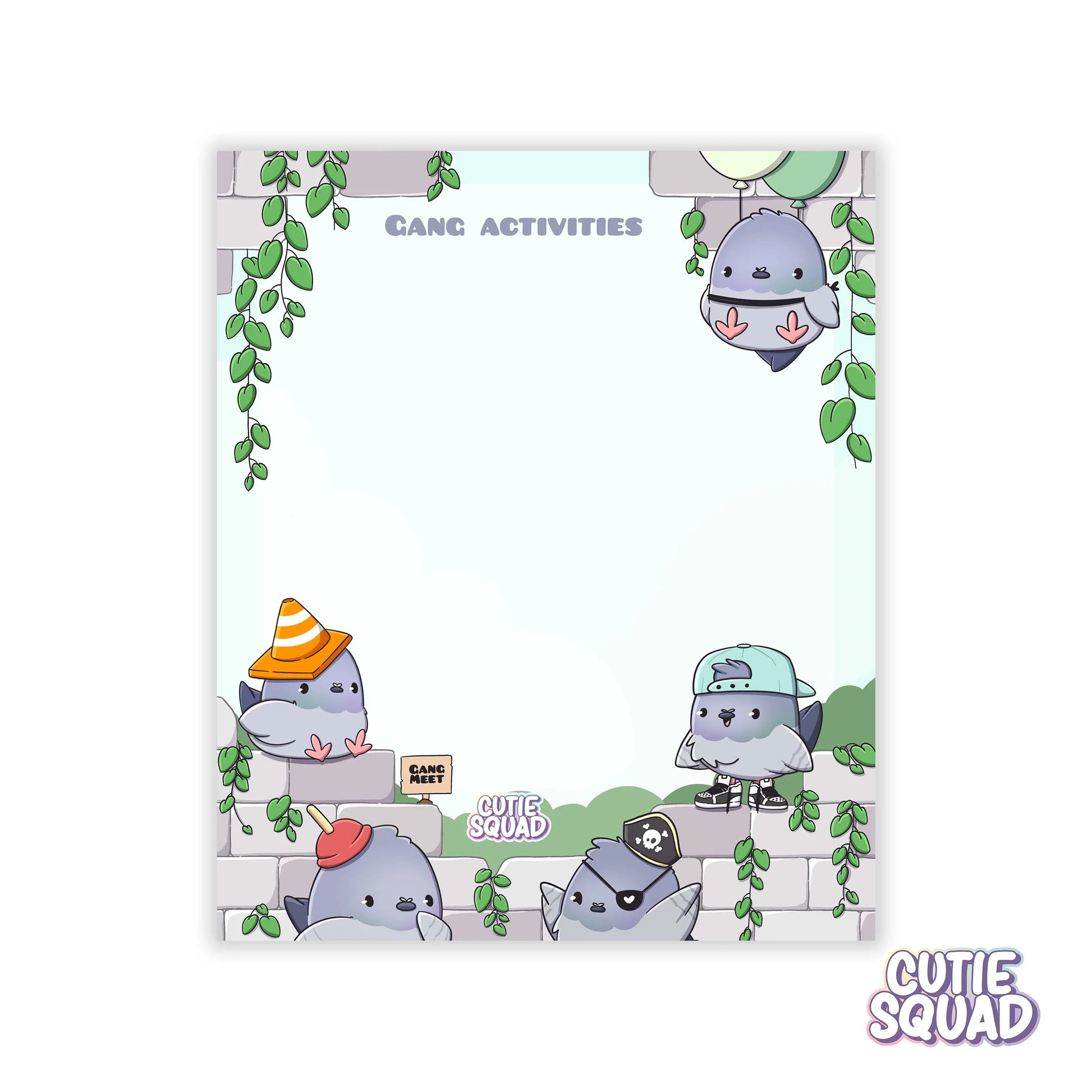 CutieSquad Pigeons sticky notes pad featuring illustrated pigeons along the edge