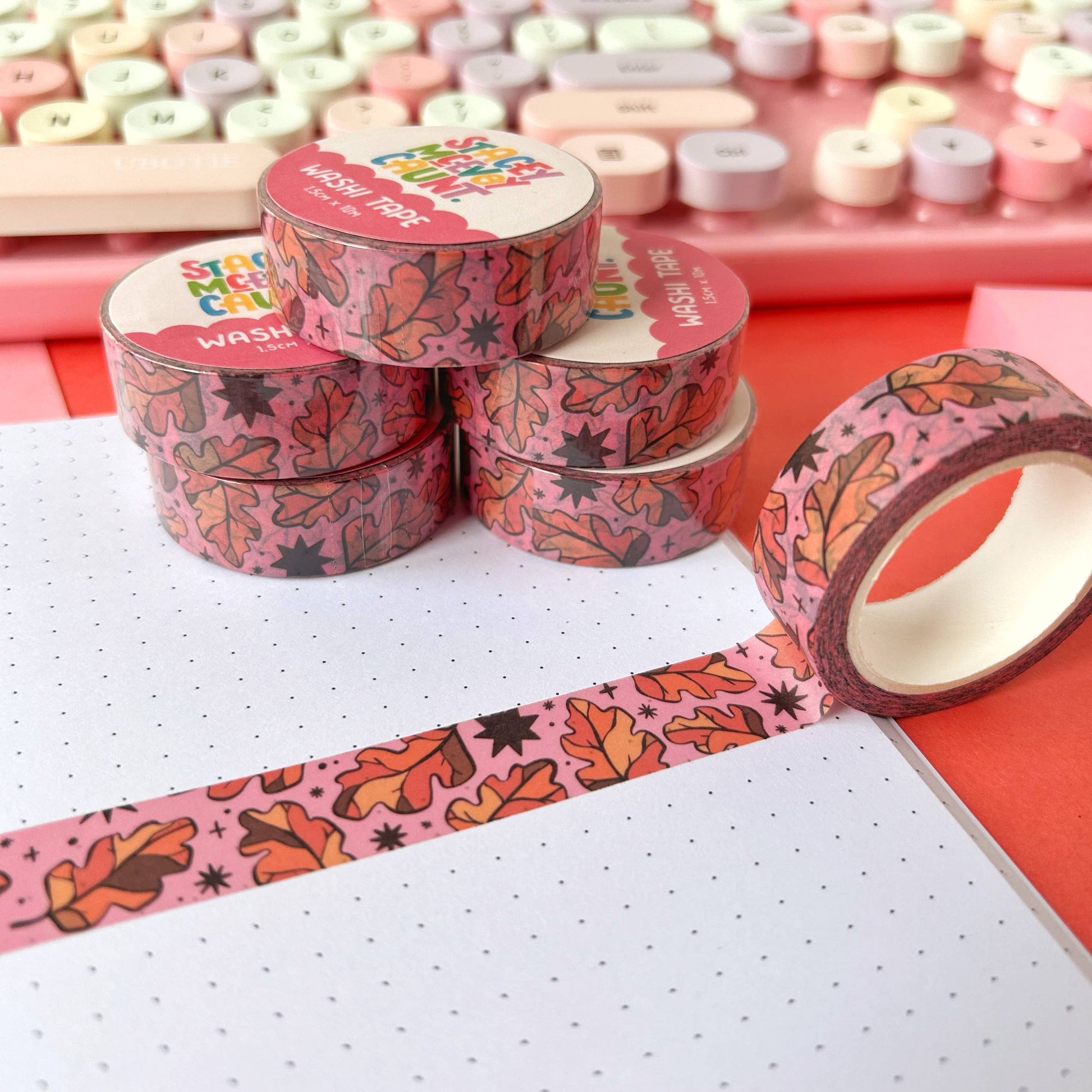 Autumn Leaves washi tape by Stacey McEvoy Caunt | orange oak leaves on pink | Papertail Fox
