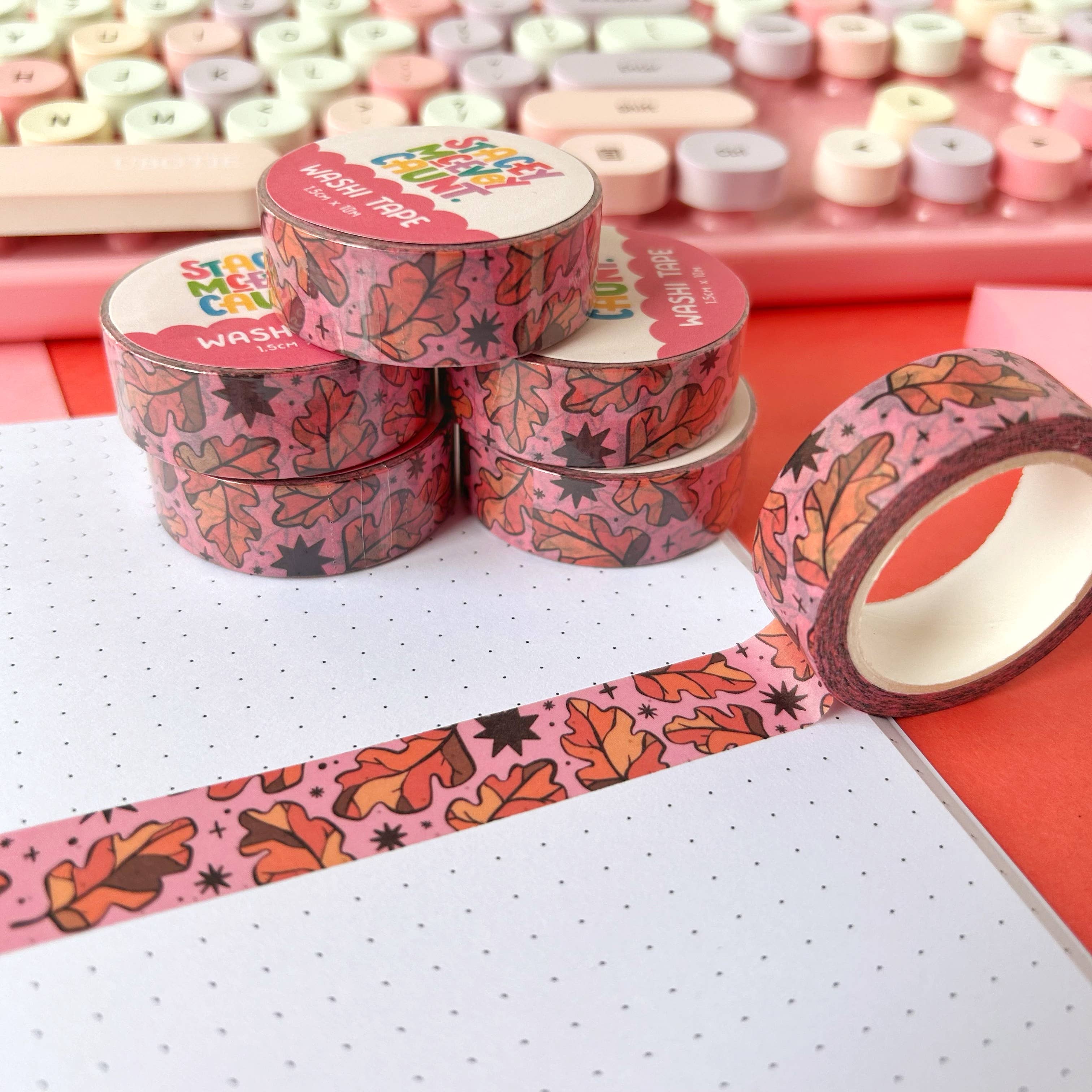 Autumn Leaves washi tape by Stacey McEvoy Caunt | orange oak leaves on pink | Papertail Fox