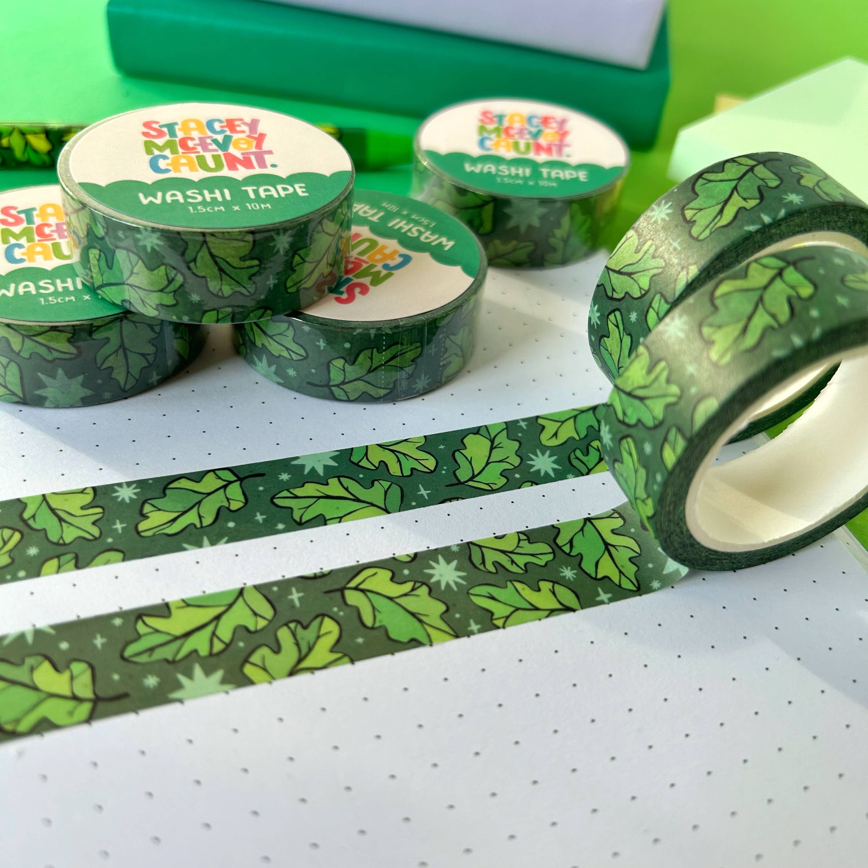 Oak Leaves washi tape by Stacey McEvoy Caunt | green oak leaf repeat pattern | Papertail Fox