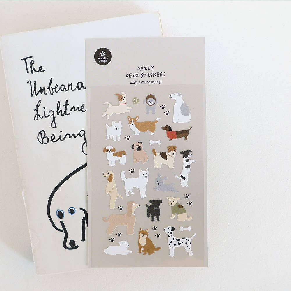 Suatelier Mung Mung dog breed deco sticker sheet with illustrated standing dogs including dalmatian, corgi, dachshund, pug, shiba inu, and poodle with paw prints and bones, made in South Korea
