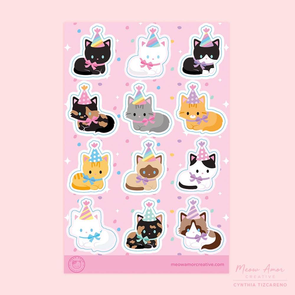 Party Cats Vinyl Sticker Sheet | Meow Amor Creative