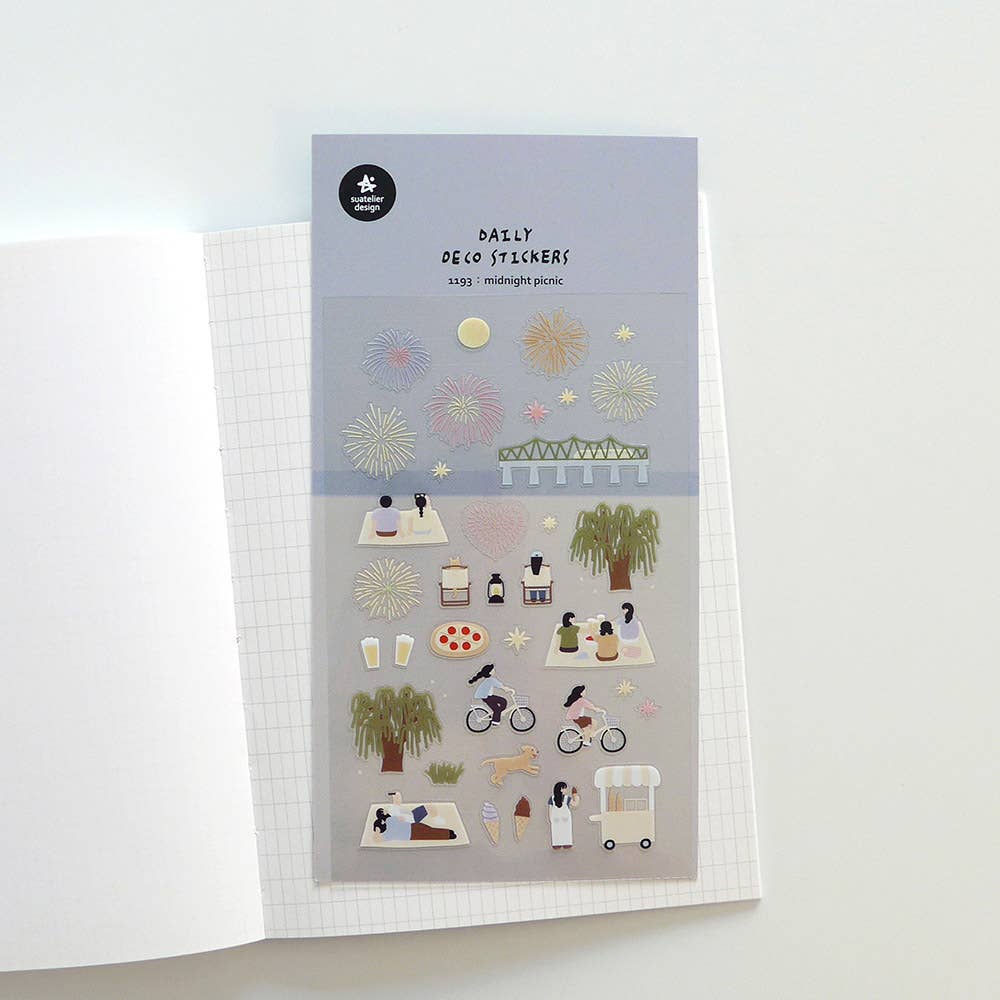 Suatelier Midnight Picnic summer evening deco sticker sheet with illustrated fireworks, river bridge, picnic scenes, bicycles, and ice cream cart, made in South Korea