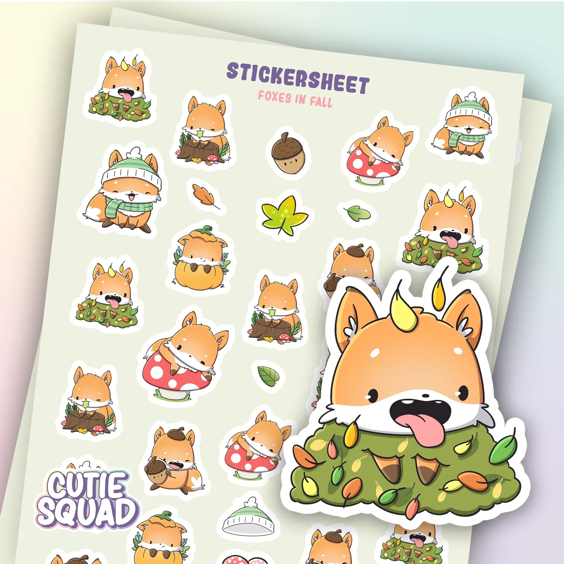 CutieSquad Foxes in Fall matte vinyl sticker sheet featuring foxes with autumn leaves and pumpkins