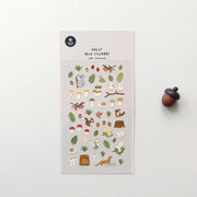 Suatelier Little Forest woodland nature deco sticker sheet with illustrated mushrooms, leaves, acorns, squirrels, butterflies, and snails, made in South Korea