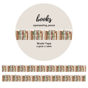 Vintage library book spines pattern washi tape in muted brown and green tones. 1.5cm wide decorative masking tape by @penpaling_paula for book lovers and journaling.
