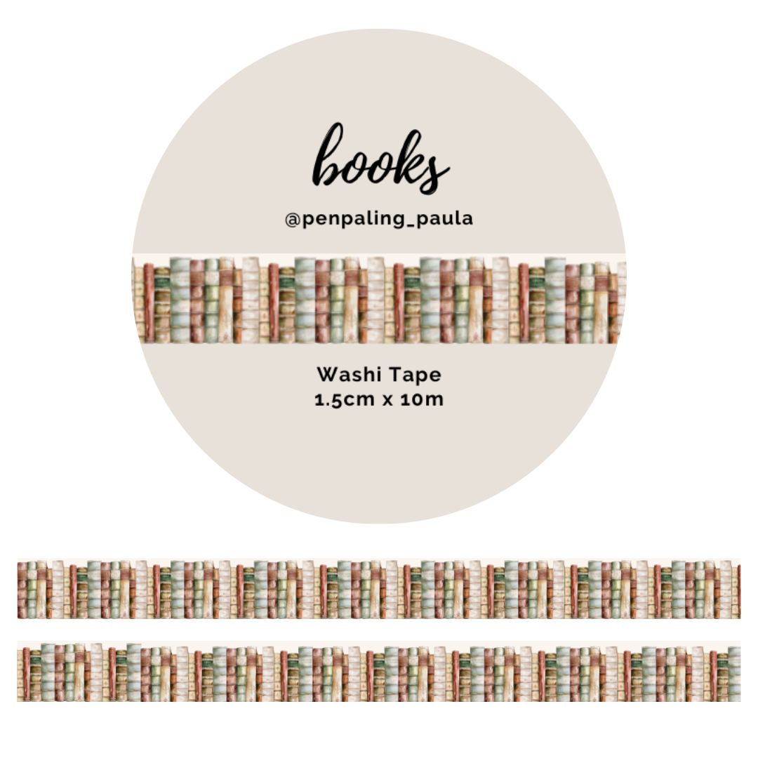 Vintage library book spines pattern washi tape in muted brown and green tones. 1.5cm wide decorative masking tape by @penpaling_paula for book lovers and journaling.