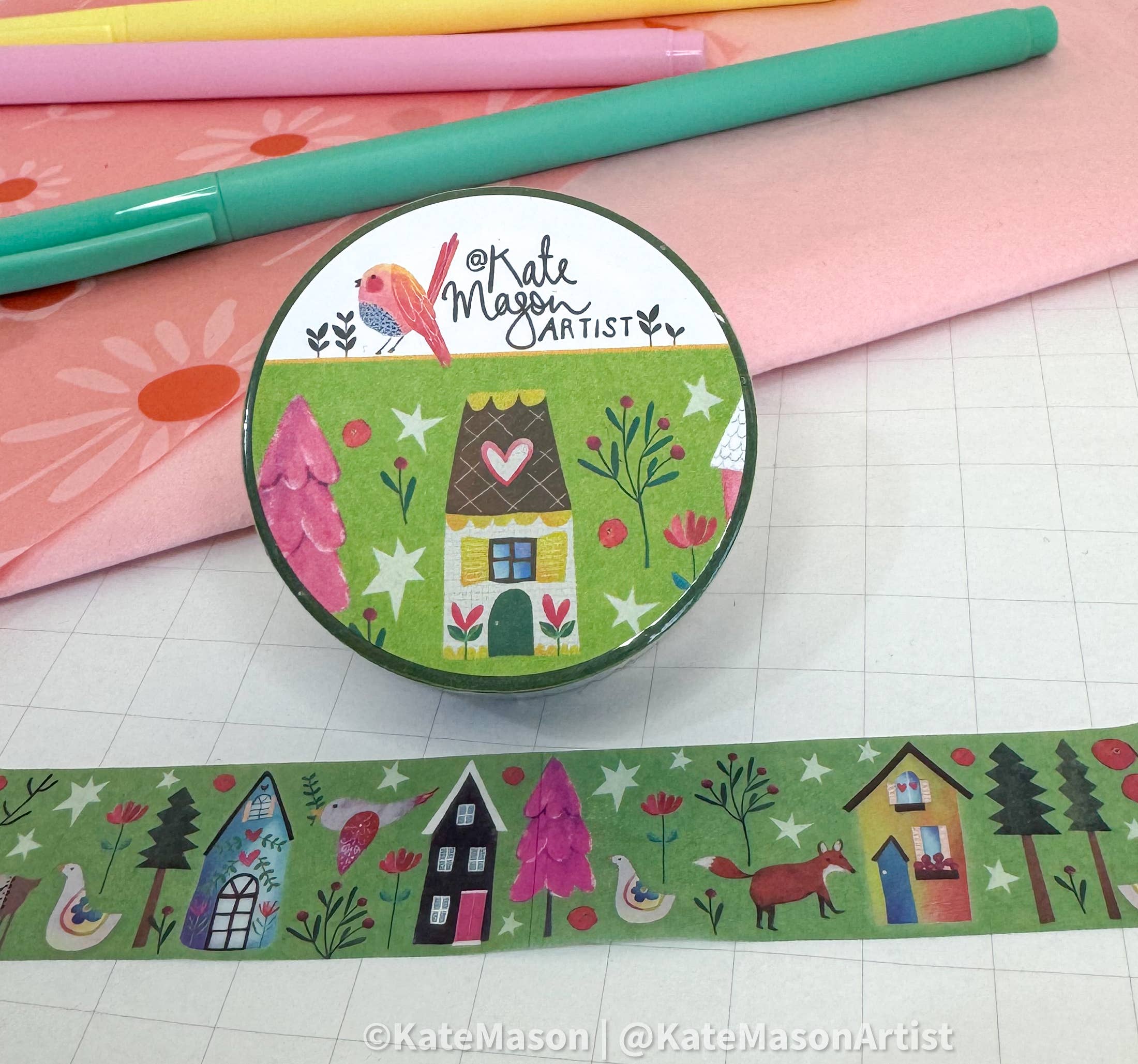 Green Village Pink Trees Washi Tape | Kate Mason Artist