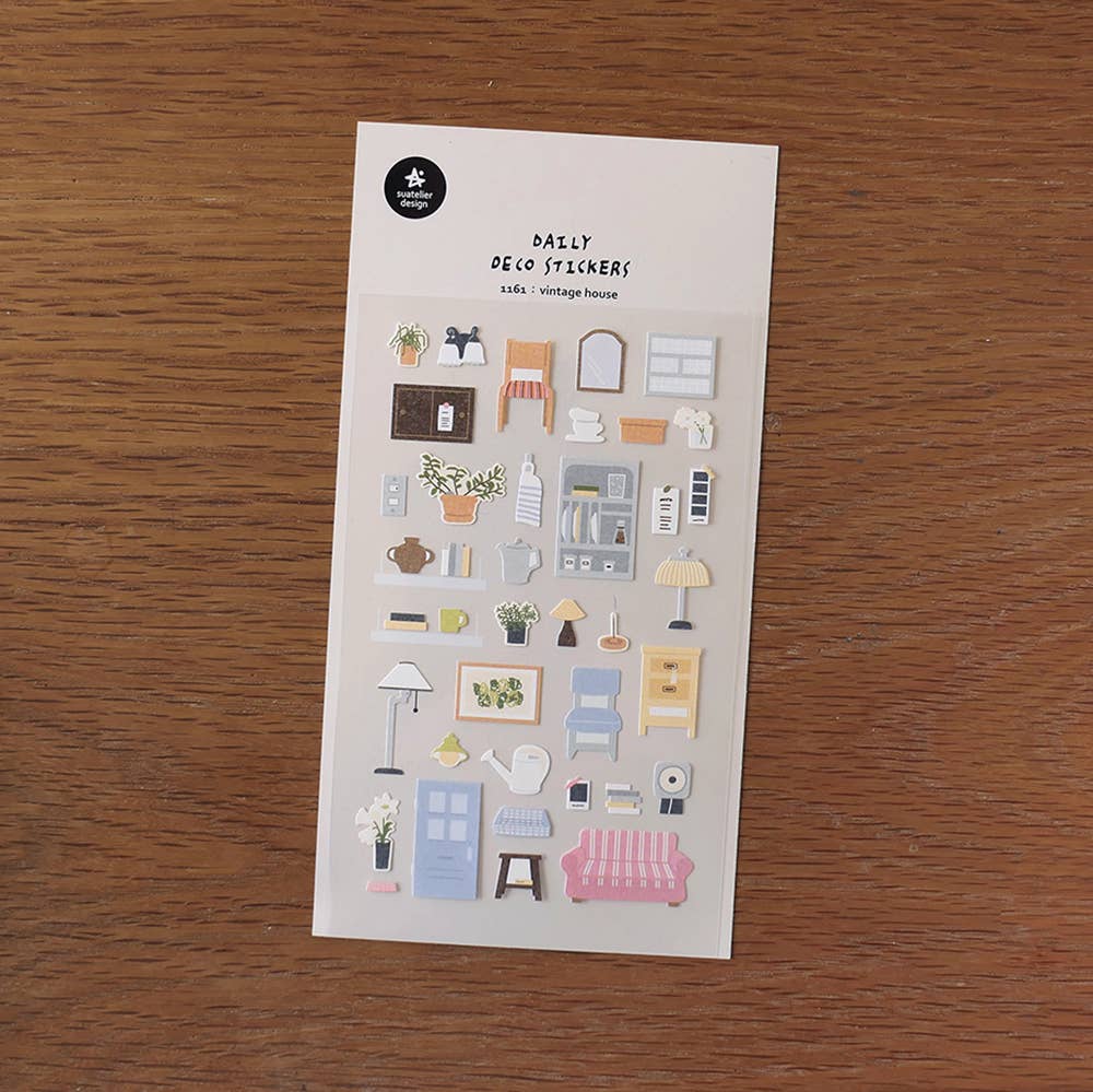 Suatelier Vintage House furniture deco sticker sheet with illustrated pink sofa, lamps, shelves, kitchen cabinet, plants, and blue front door, made in South Korea