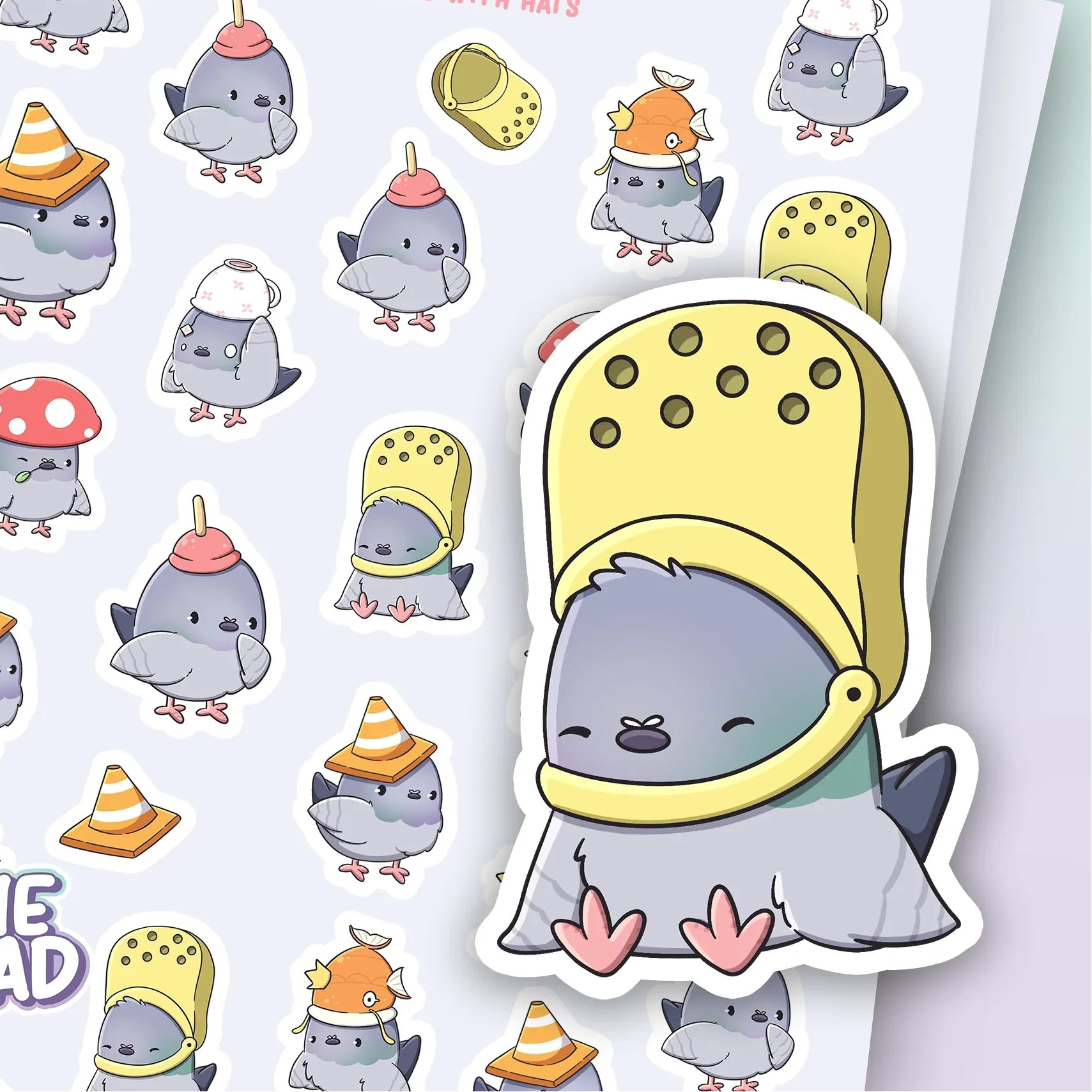 CutieSquad Pigeons with Hats matte vinyl sticker sheet featuring pigeons wearing various hats