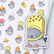 CutieSquad Pigeons with Hats matte vinyl sticker sheet featuring pigeons wearing various hats