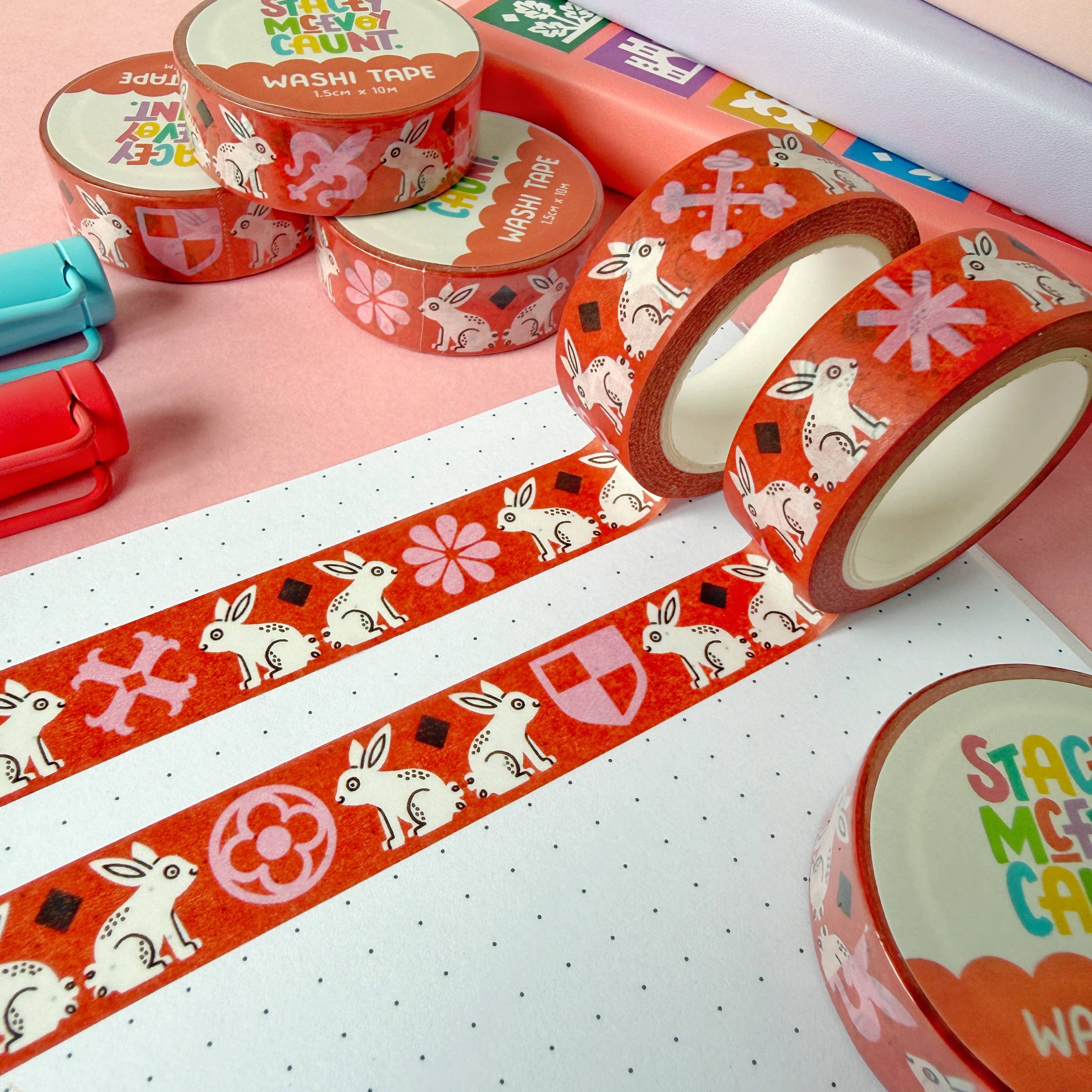 Red Medieval Bunny washi tape by Stacey McEvoy Caunt | red medieval bunny pattern | Papertail Fox