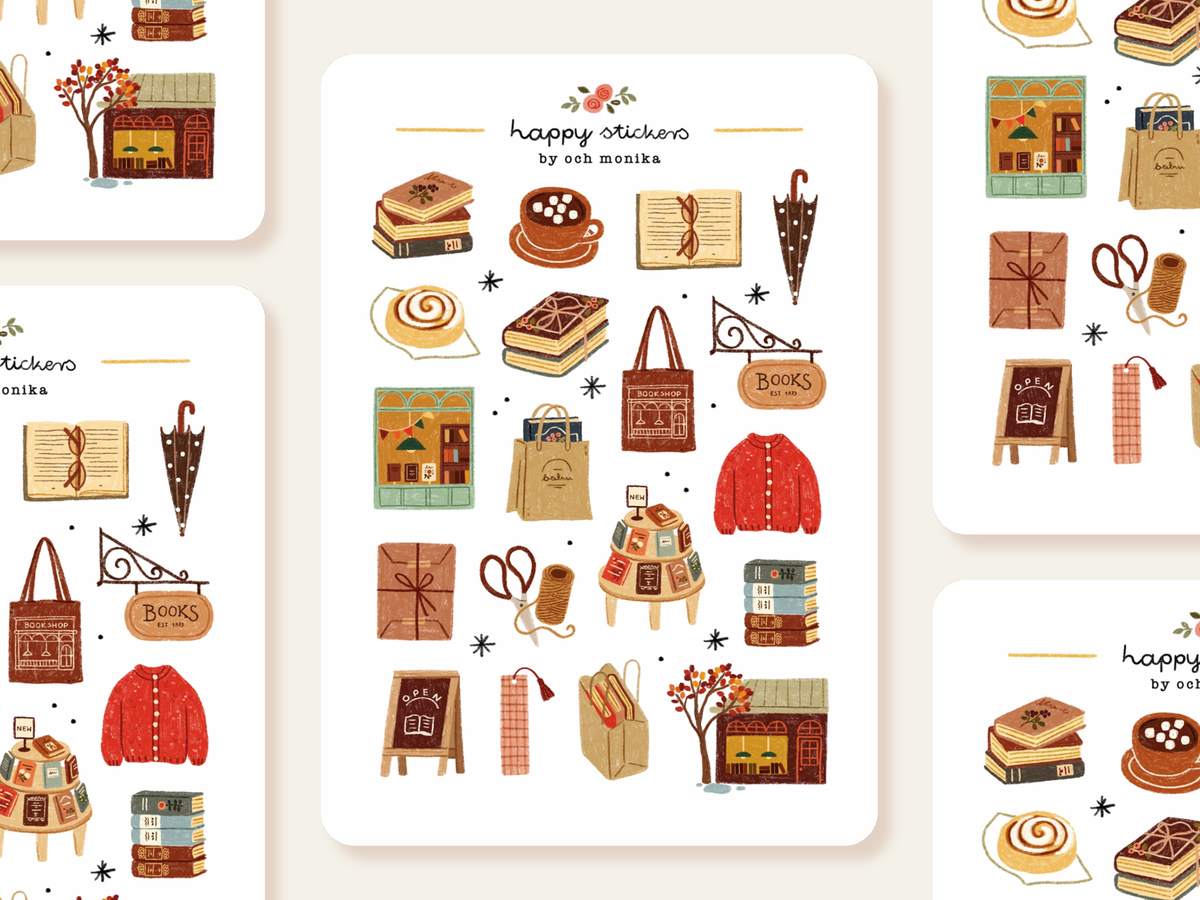 Rainy Bookshop Sticker Sheet by Och Monika | Papertail Fox