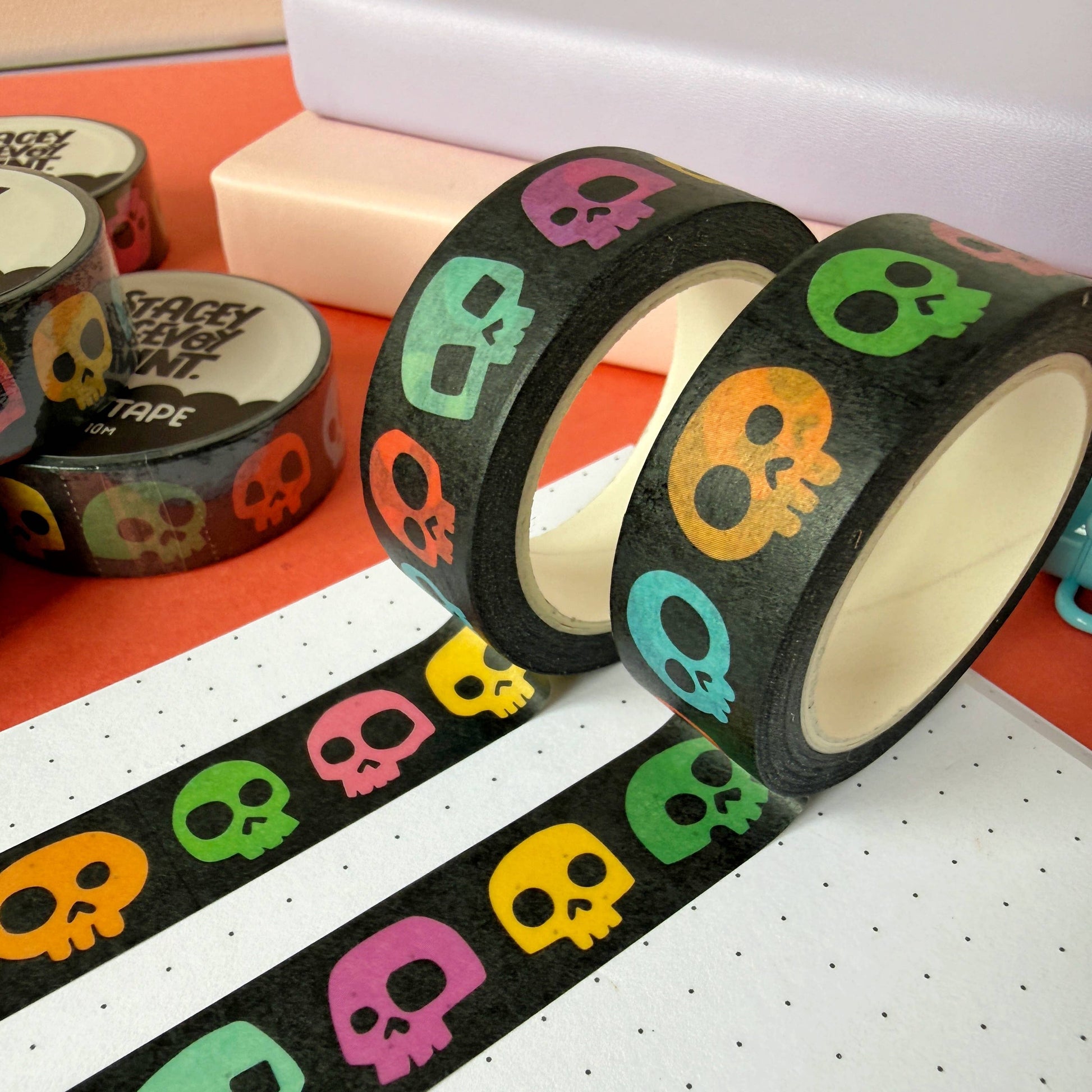 Rainbow Skulls washi tape by Stacey McEvoy Caunt | rainbow-colored skull pattern | Papertail Fox