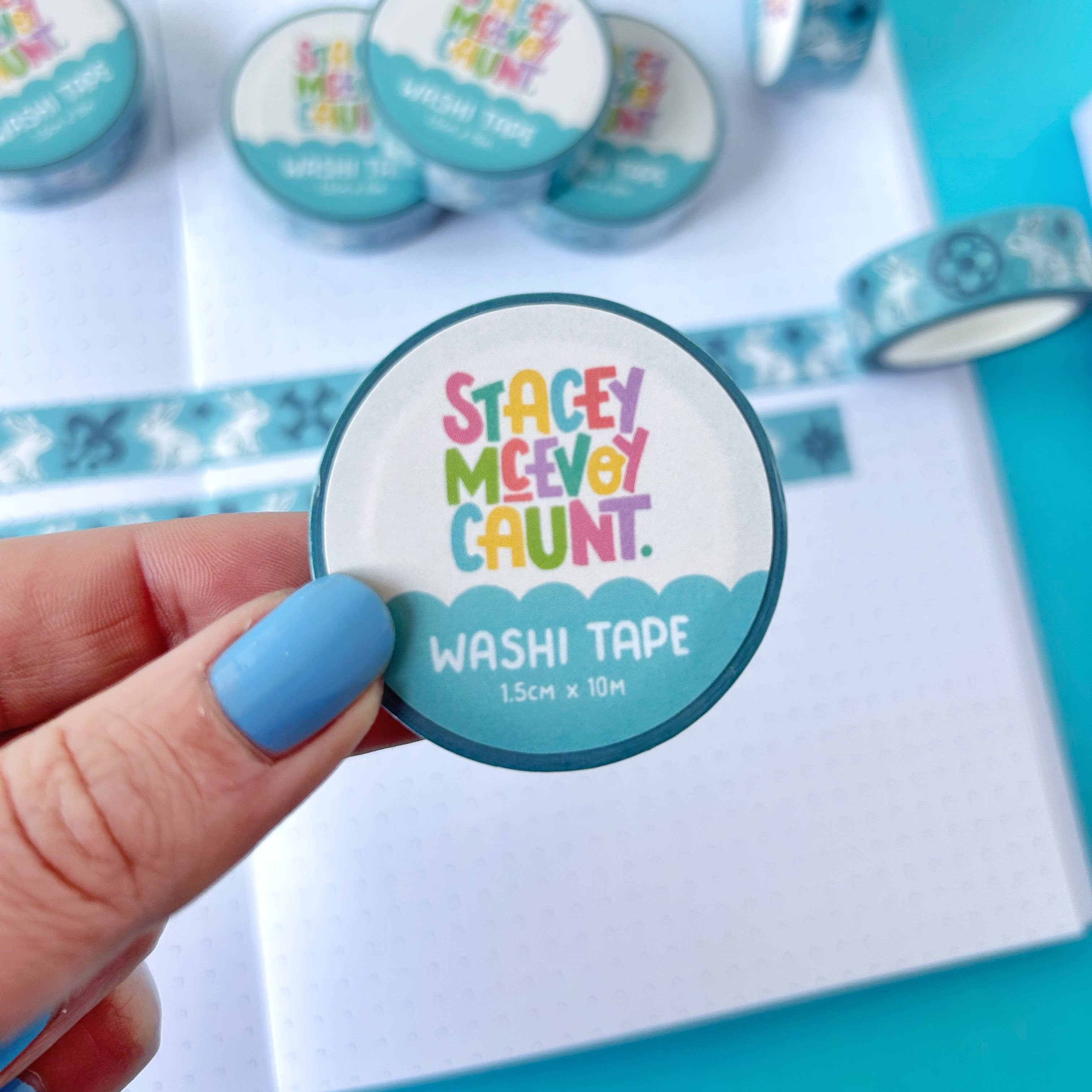 Blue Medieval Bunny washi tape by Stacey McEvoy Caunt | blue medieval bunny pattern | Papertail Fox