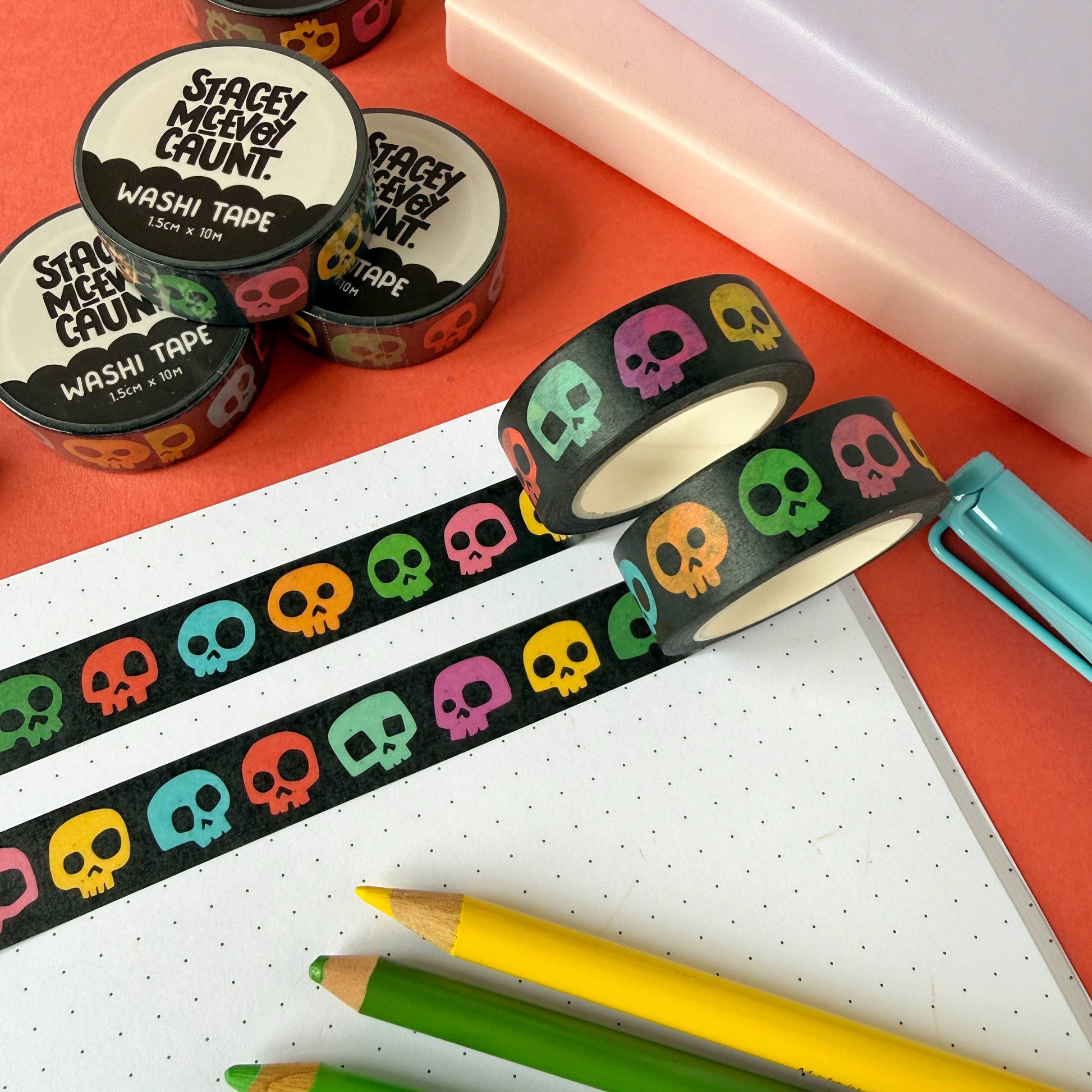 Rainbow Skulls washi tape by Stacey McEvoy Caunt | rainbow-colored skull pattern | Papertail Fox