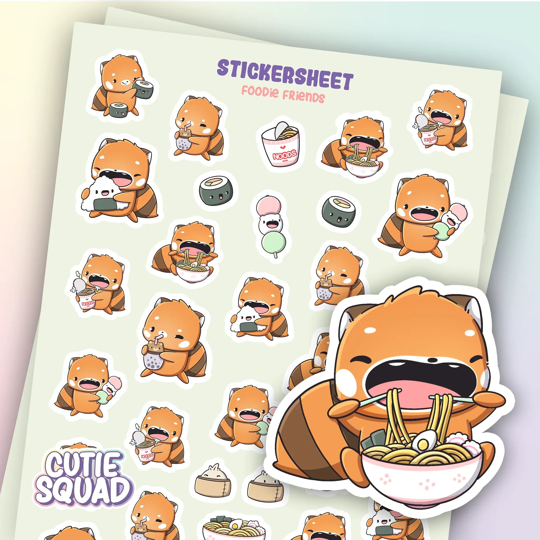 CutieSquad Red Panda Foodie Friends matte vinyl sticker sheet featuring red pandas with food items