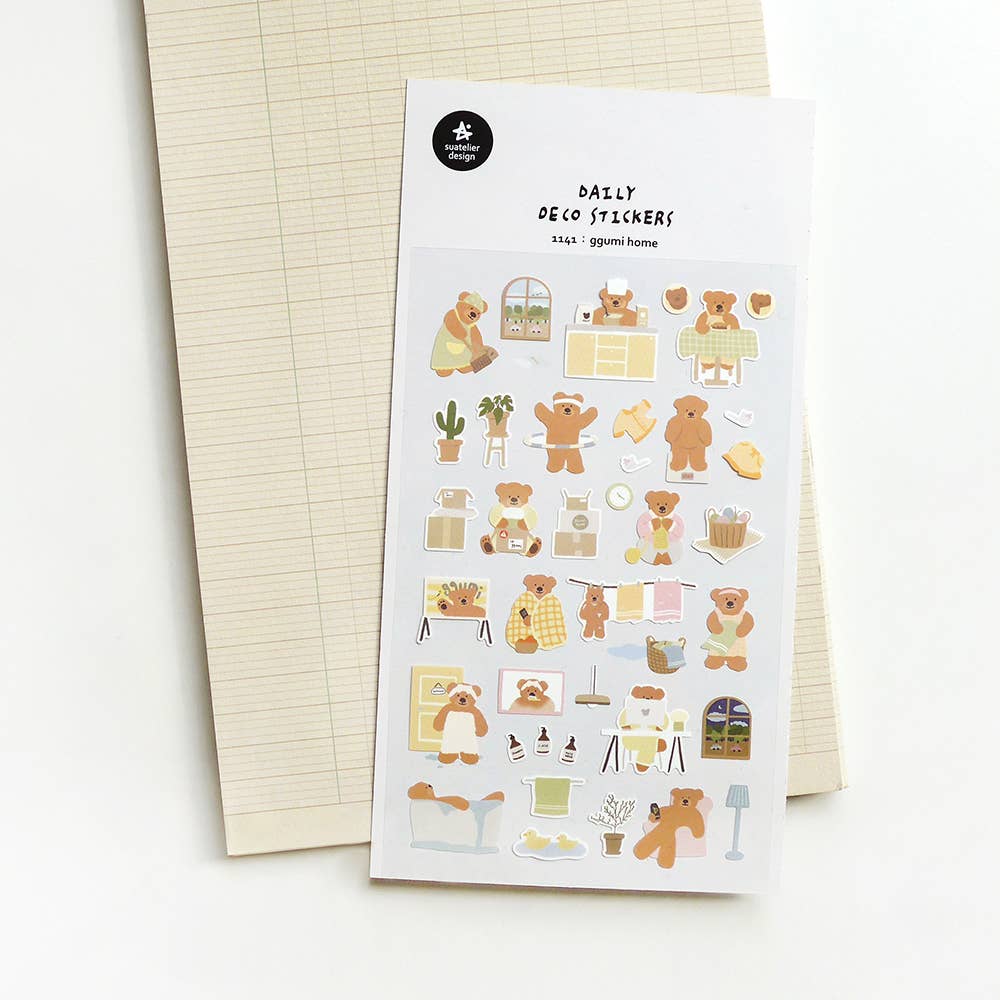 Suatelier Ggumi Home teddy bear deco sticker sheet with illustrated bears doing daily activities like cooking, laundry, and bathing, made in South Korea