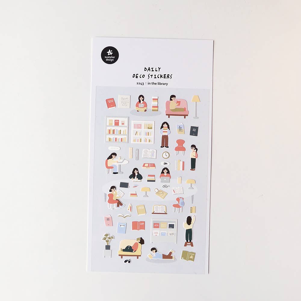 Suatelier In the Library book lover deco sticker sheet with illustrated girls reading, bookshelves, stacked books, laptops, and armchairs, made in South Korea