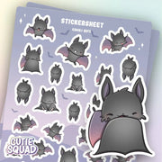 CutieSquad Kawaii Bats matte vinyl sticker sheet featuring small illustrated bats in various cute poses