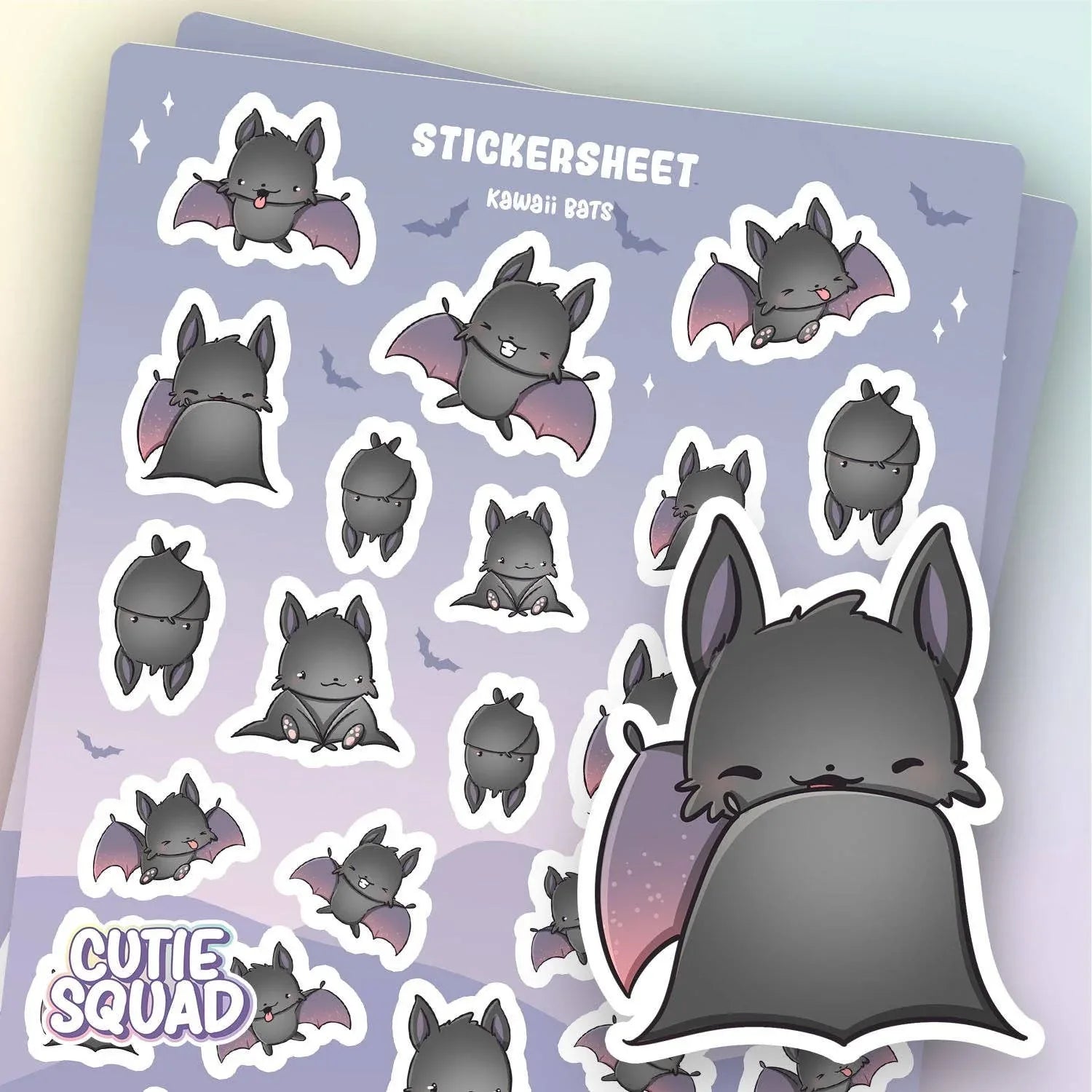 CutieSquad Kawaii Bats matte vinyl sticker sheet featuring small illustrated bats in various cute poses