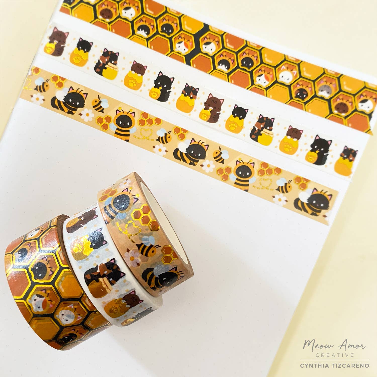 Bee Cats Gold Foil Washi Tape | Meow Amor Creative