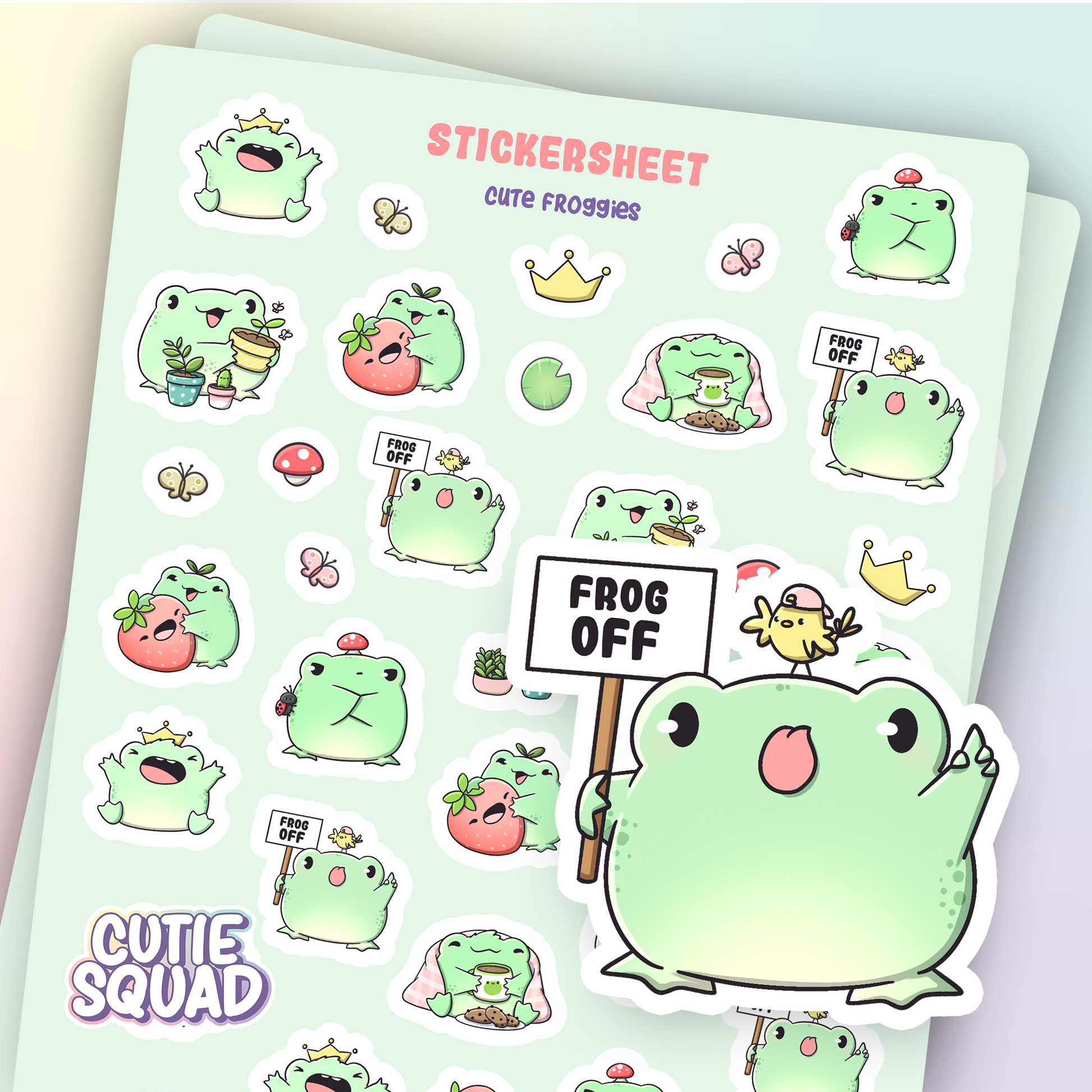 CutieSquad Cute Froggies matte vinyl sticker sheet featuring illustrated frogs in various poses