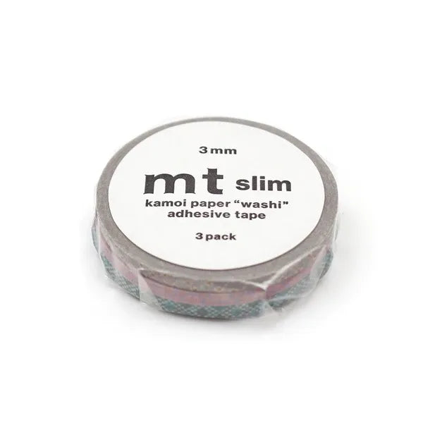 mt slim deco H washi tape set, three 6mm rolls: blue-gray speckle, pink grain, green plaid