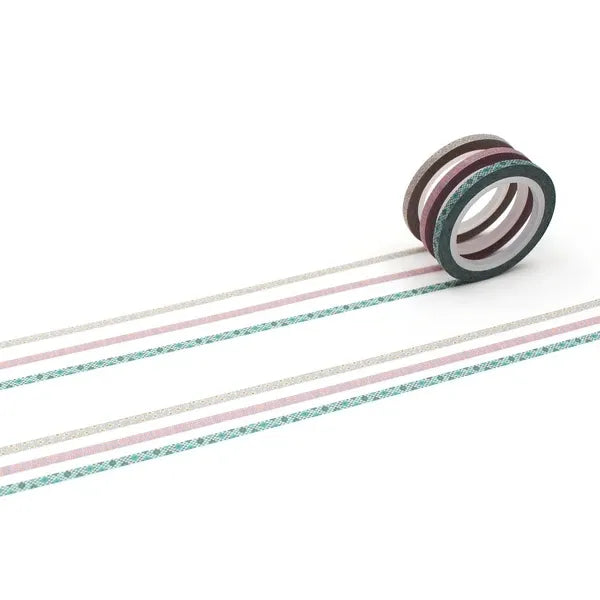 mt slim deco H 6mm washi tapes unrolled to show the speckle, pink and green plaid prints